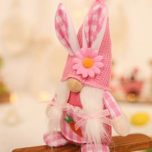 Pink Easter gnome plush with bunny ears and carrot embroidery for home holiday decor