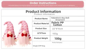 Detail of Valentine's Day knitted gnome doll showing dimensions 22x8x6cm and fabric material