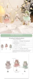 Detail view of plush angel ornaments with tutu skirts, antlers, and size dimensions
