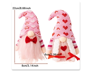 Detailed size specifications for pink and white Valentines Day gnome plush dolls