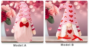 Detail of pink Valentine's Gnomes Model A and B with heart patterns and soft plush textures