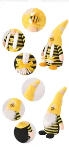 Macro details of bee gnome plush with sunflower accents and textured yellow fabric