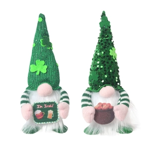 St. Patrick's Day gnome dolls set with clover decor and LED lights for festive home display