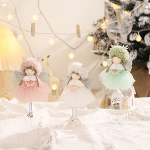 Cute Christmas Angel Plush Pendant Decoration Reindeer Antler Wings Mesh Skirt Bell Hanging Ornament For Holiday Tree Party Gift