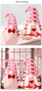 Close-up of pink Valentine's Day gnomes with knitted heart hats and plush beard textures
