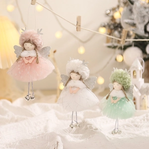 Plush Christmas angel ornaments with tutus and deer antlers in soft festive colors