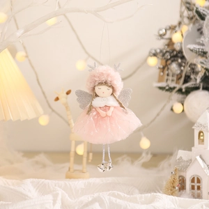 Pink Christmas angel girl plush pendant with deer horns, gauze skirt, and silver bells