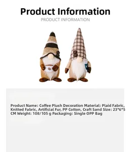Close-up of coffee gnomes with striped hats and plush beards for home decoration