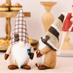 Detail of coffee gnomes with burlap texture, plaid hats and miniature coffee cups