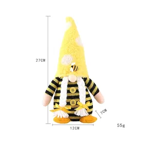 Sunflower Bee Gnome Plush with Yellow Polka Dot Hat and Braids measuring 27cm in height
