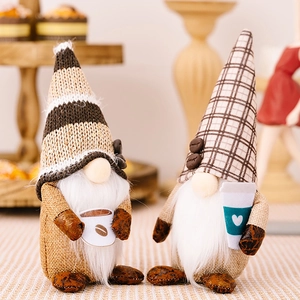 Detail of coffee gnomes with burlap hats and plush beards for cozy desktop decor