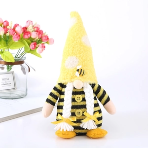 Bee festival gnome plush with yellow knit stripes and white braids for home decoration