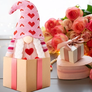 Valentine's Day couple gnome plush doll in gift box with pink roses and heart decor