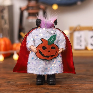 Halloween kopflose Teufel-Kürbispuppe mit weißem Paillettenkleid und rotem Umhang Deko