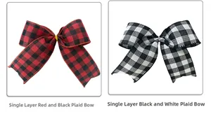 Detail view of single-layer red and black plaid bows for Christmas tree decoration