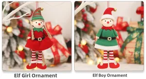 Detail of Christmas elf plush ornaments with striped legs and golden bells on a tree