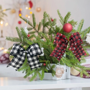 Christmas plaid fabric bows with white snowflakes for tree and wreath decoration