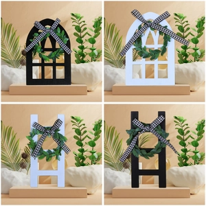 Décoration de Cadre de Fenêtre Arqué et Échelle Miniature en Bois Ornement Suspendu Ferme Avec Couronne et Nœud