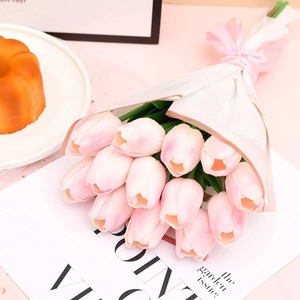 Pink PU artificial tulip bouquet in decorative wrapping for home and wedding decor
