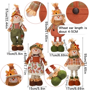 Detail view of Thanksgiving scarecrow dolls showing fabric textures and product dimensions