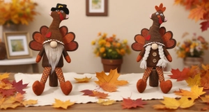 Detail of Thanksgiving turkey gnomes with autumn maple leaves and fall decorations