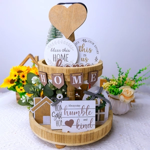 Rustic tiered wood tray set with Bless This Home signs and farmhouse decor items