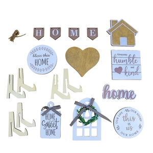 Rustic farmhouse wooden home decor tiered tray set with blue and white signs