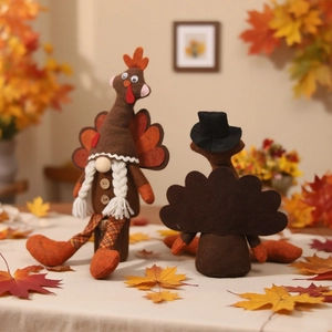 Handcrafted Thanksgiving turkey gnome set with felt feathers and autumn maple leaf decor