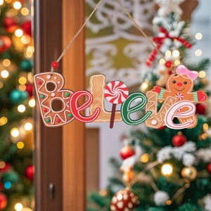 Panneau de Noël Believe en bois avec bonhomme de pain d'épices et canne en sucre