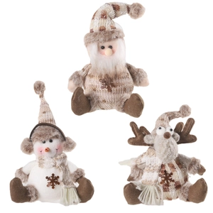 Three knitted Christmas plush ornaments featuring Santa Snowman and Reindeer on white backdrop