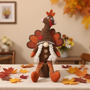 Detailed view of a Thanksgiving turkey gnome plush with autumn maple leaves and warm decor