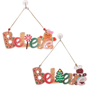 Panneau de porte de Noël Believe en bois avec bonhomme de pain d'épices et sapin