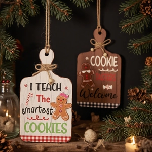 Christmas wooden gingerbread man welcome signs with rustic bow and pine background