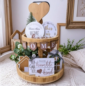 Rustic Farmhouse Tiered Tray Decor Set Wood Home Signs Wooden Ornaments Plaid Bows For Tabletop Desktop Decoration