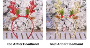 Détail de serre-têtes bois de renne à paillettes rouges et dorés avec cloches de Noël