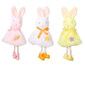Three plush Easter bunny hanging ornaments in pink, white, and yellow macaron colors