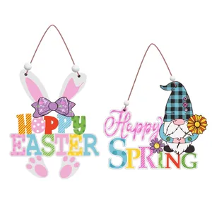 Wooden Easter Bunny Happy Spring gnomes door hanging sign set with decorative beads