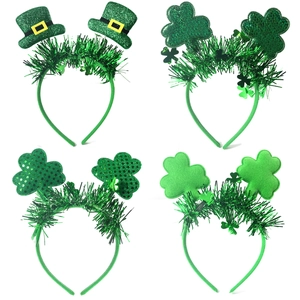 Four-pack St. Patrick's Day headbands with green shamrocks and sequin mini hat decorations