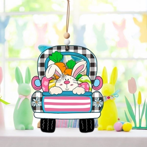 Easter wooden truck door sign with colorful eggs and white bunny hanging on the window