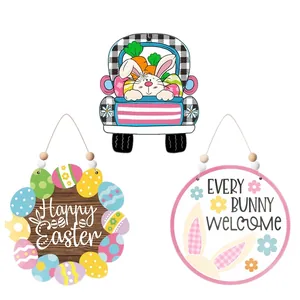 Easter wooden door sign set featuring colorful bunnies, truck, and Happy Easter welcome plaques