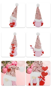 Vues détaillées d'un gnome de la Saint-Valentin rose avec paillettes, cœurs et tresses