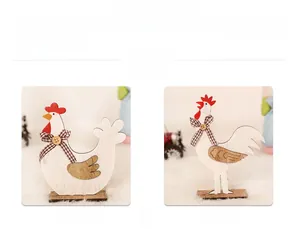 Detailed view of DIY wooden rooster ornaments with red combs and plaid bowties for Easter