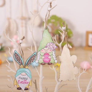 Easter decoration set featuring wooden gnome figurines and Happy Easter bunny hanging ornaments