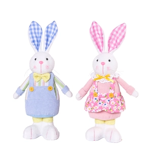 Easter plush bunny couple dolls in blue striped shirt and pink floral dress figurines