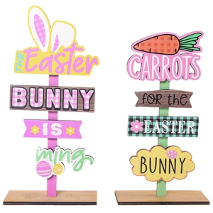 Easter wooden desk signs with bunny ears and carrot designs in pink and green colors