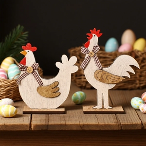 Wooden Easter Chicken Decoration Farmhouse Style Rooster Hen Ornaments With Plaid Bow Wood Grain Desktop Party Table Decor