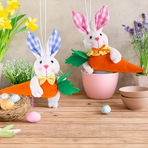 Easter plush bunny couple hanging decorations with checkered ears holding carrots