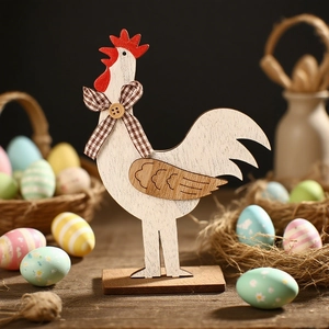 Easter wooden rooster decoration with red comb and checkered bow on rustic base