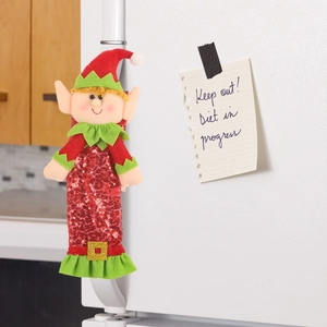 Christmas elf refrigerator handle cover with red sequins and green felt trim on white handle