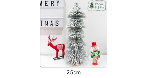 Detail showing a 25cm artificial cedar pine tree with snow flocking for desktop decoration